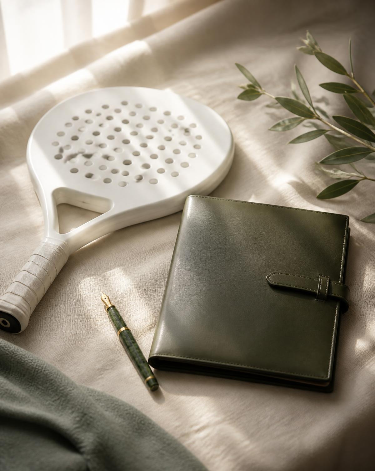Bodegón editorial con pala, cartera de piel y pluma: deporte y patrimonio personal ordenado